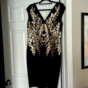 Black scuba fabric Tadashi Shoji dress embellished with gold sequins